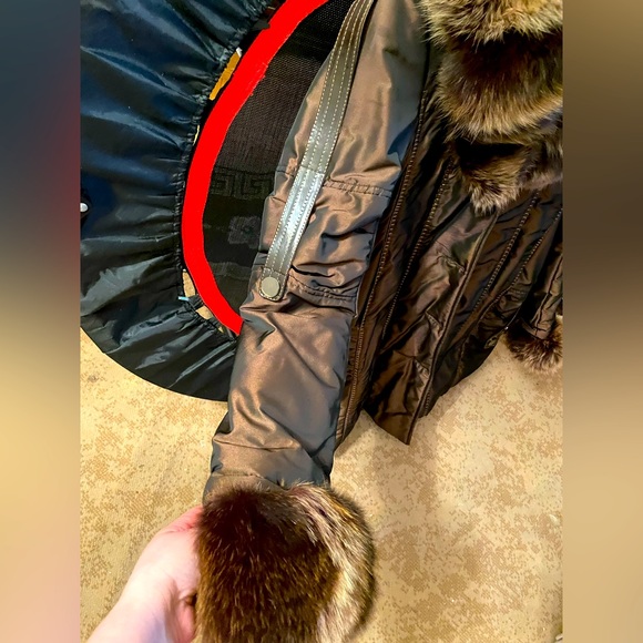 100% REAL Fur trim down belted coat leather buttons made in Italy size Small - Picture 7 of 12